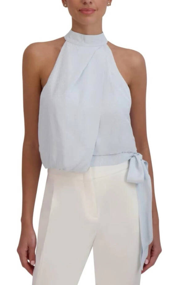 BCBGMAXAZRIA Halter Neck Sleeveless Overdraped Side Tie Top Women's XS Blue