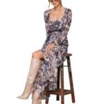 Avec Les Filles Tiered Printed Maxi Dress Women's 14 Wild Horses Square Neck L/S