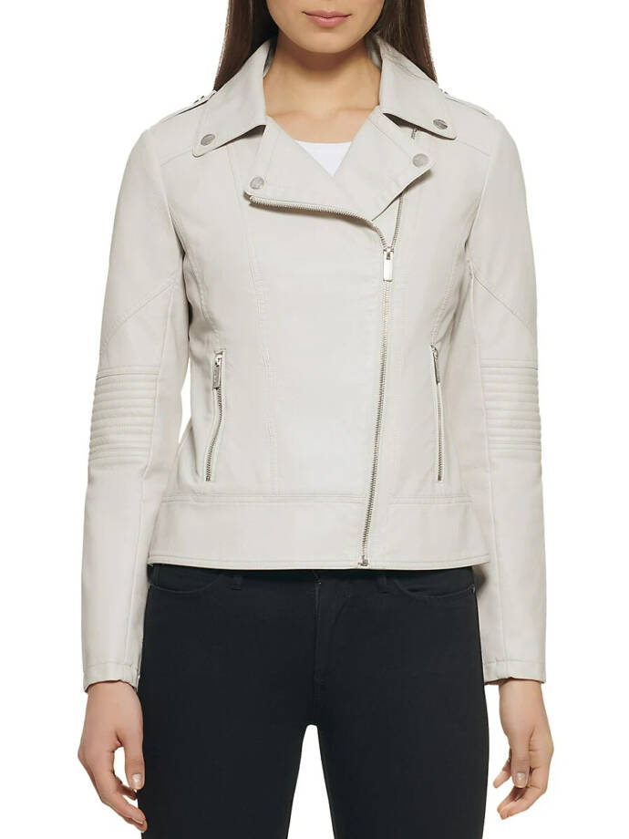 Guess Faux Leather Jacket Women's XS Stone Zip Pockets Asymmetric Zip Closure