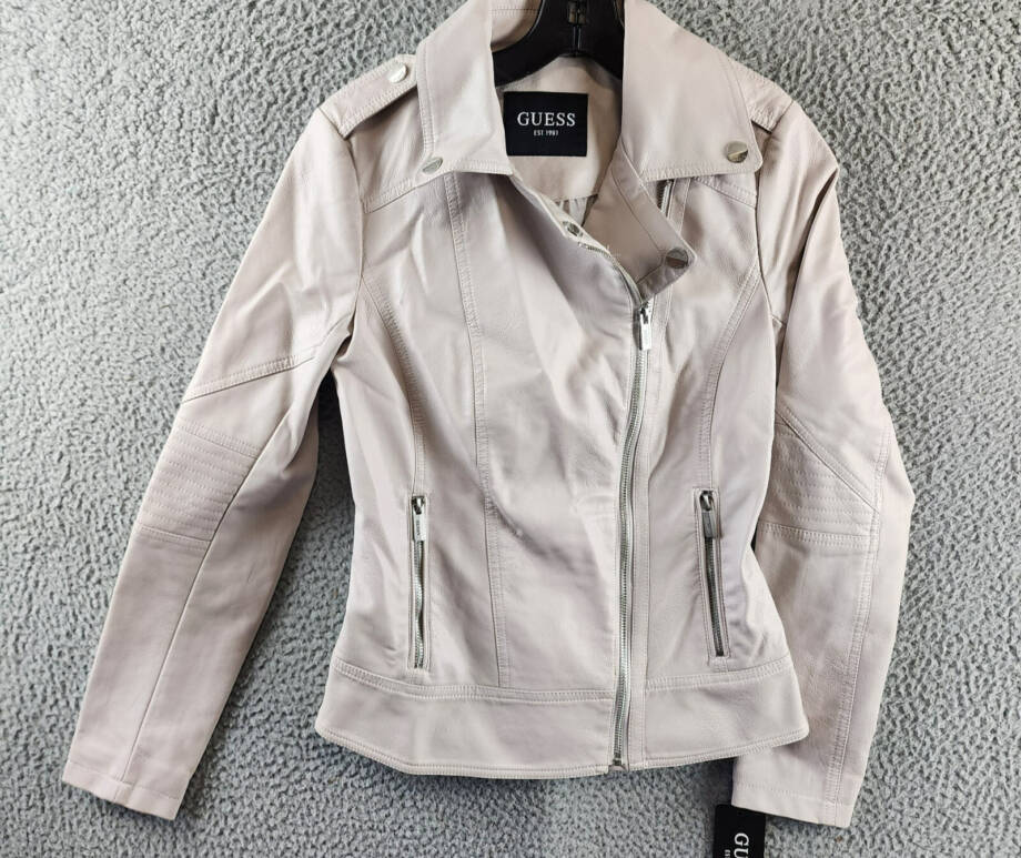 Guess Faux Leather Jacket Women's XS Stone Zip Pockets Asymmetric Zip Closure