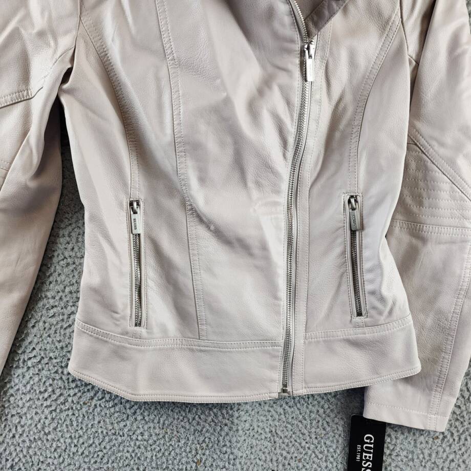 Guess Faux Leather Jacket Women's XS Stone Zip Pockets Asymmetric Zip Closure
