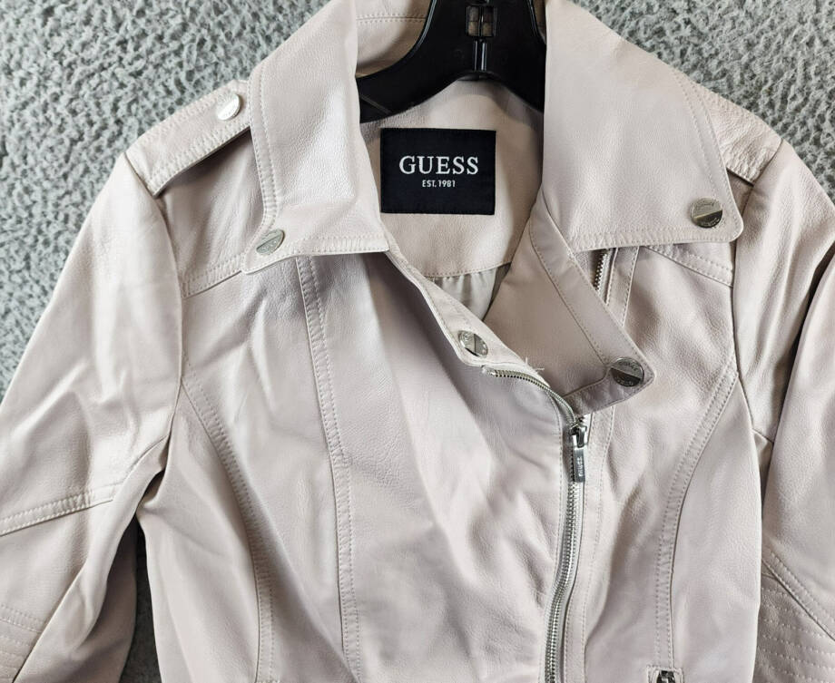 Guess Faux Leather Jacket Women's XS Stone Zip Pockets Asymmetric Zip Closure