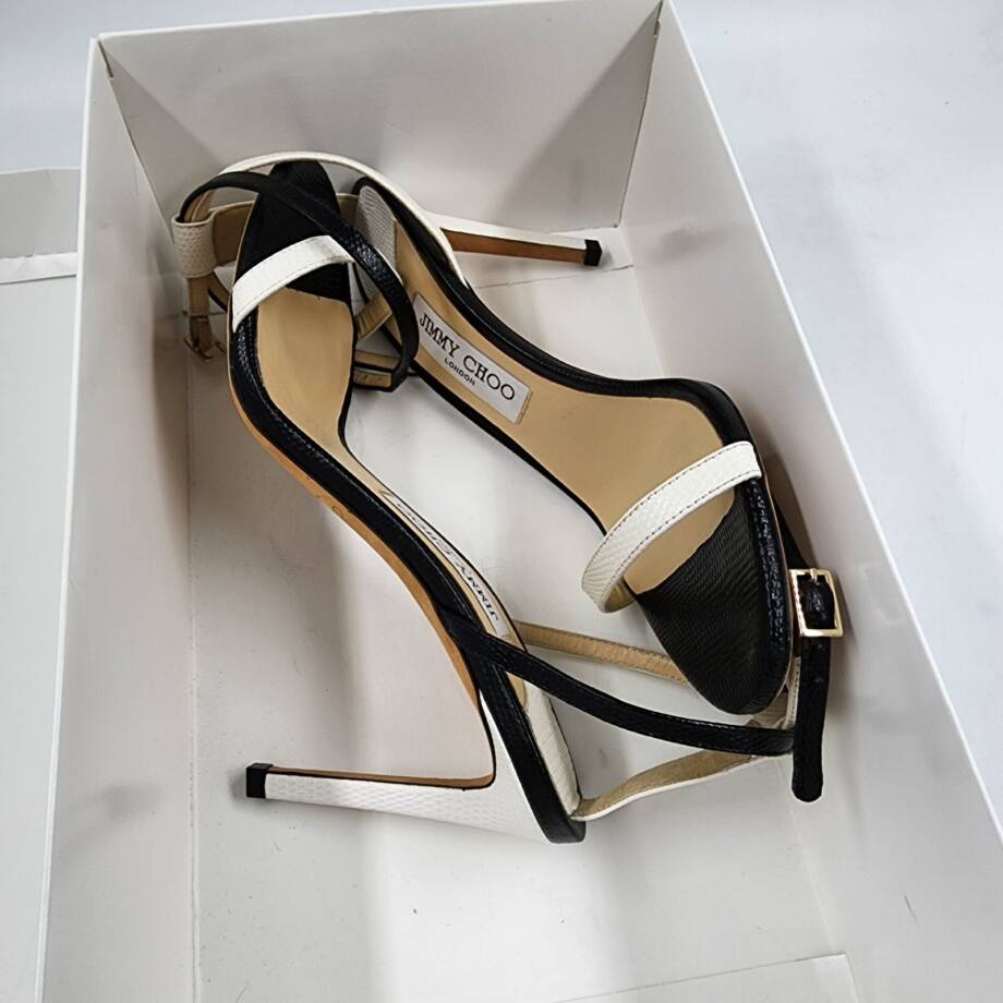 Jimmy Choo Minny 85 Lizard Embossed Leather Sandals Women's 39/9 US Black/White