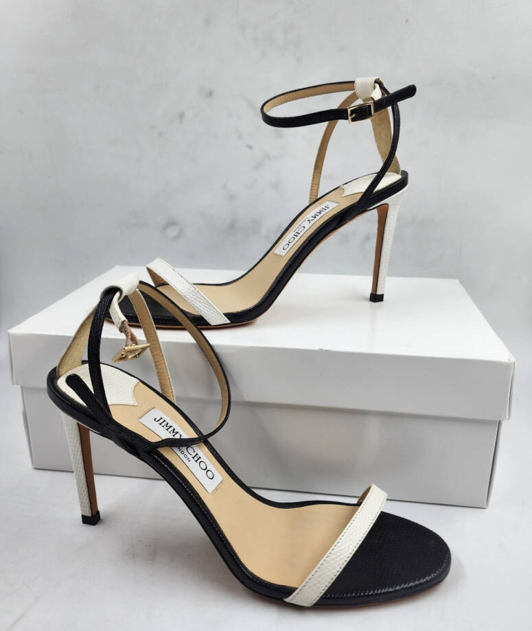 Jimmy Choo Minny 85 Lizard Embossed Leather Sandals Women's 39/9 US Black/White