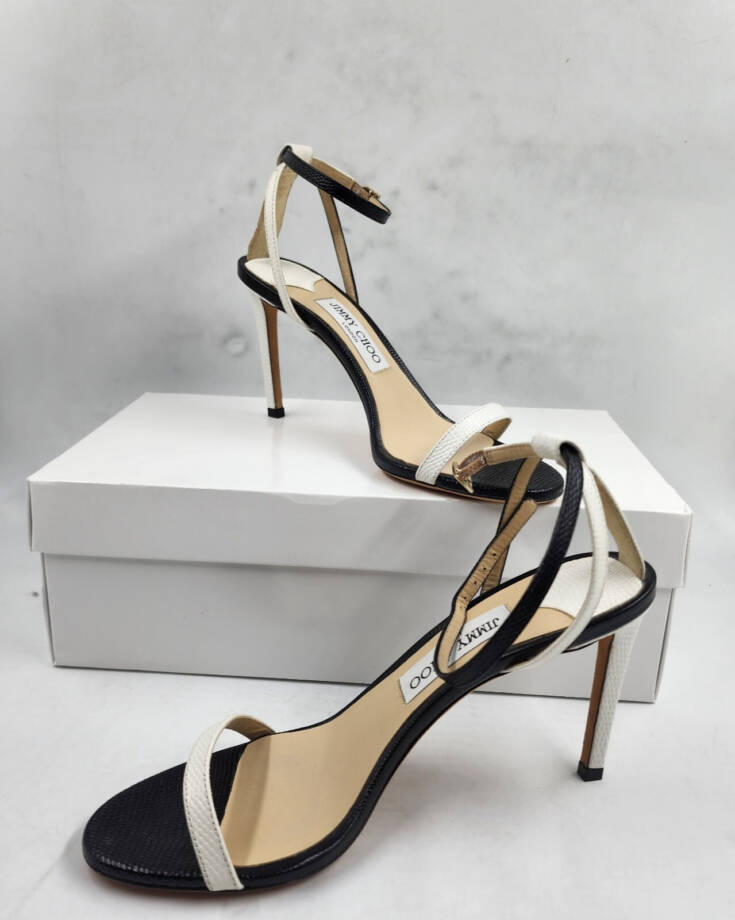 Jimmy Choo Minny 85 Lizard Embossed Leather Sandals Women's 39/9 US Black/White