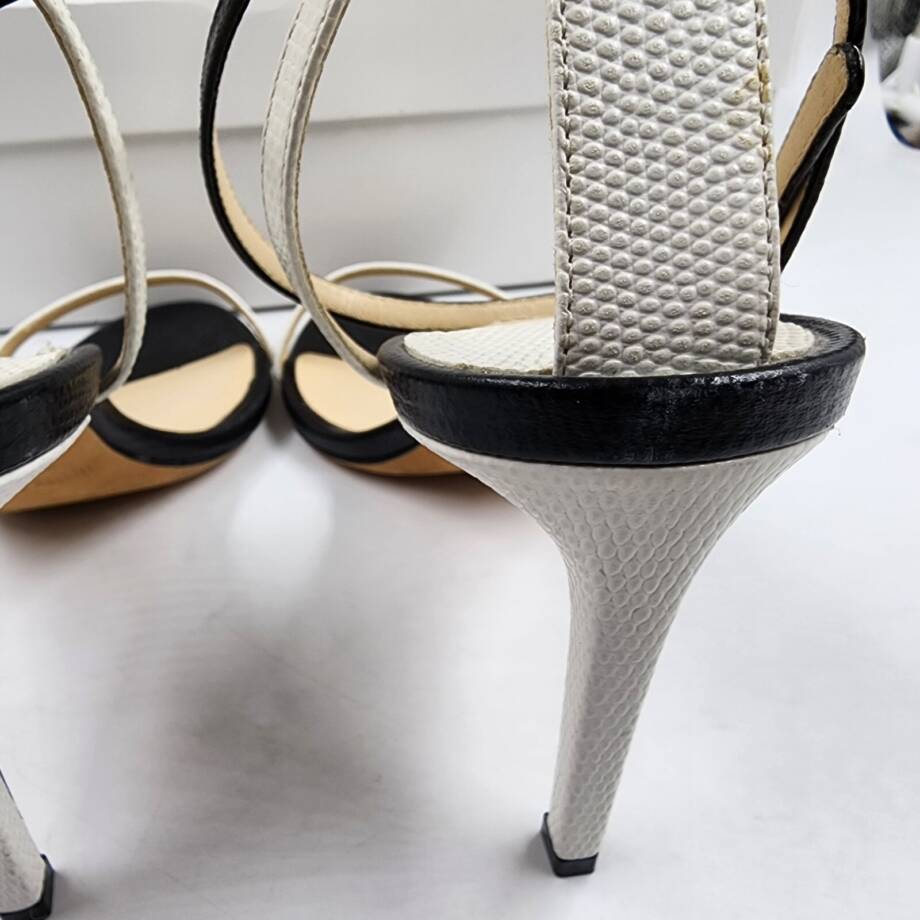 Jimmy Choo Minny 85 Lizard Embossed Leather Sandals Women's 39/9 US Black/White