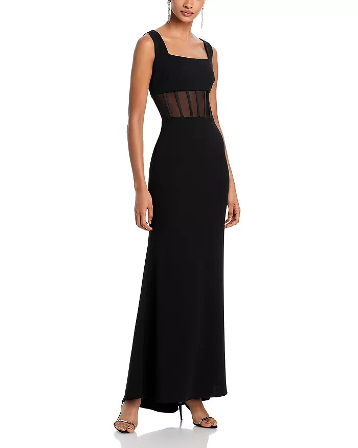AQUA Scuba Crepe Illusion Boning Sheath Dress Women's Black Square Neck Back 0