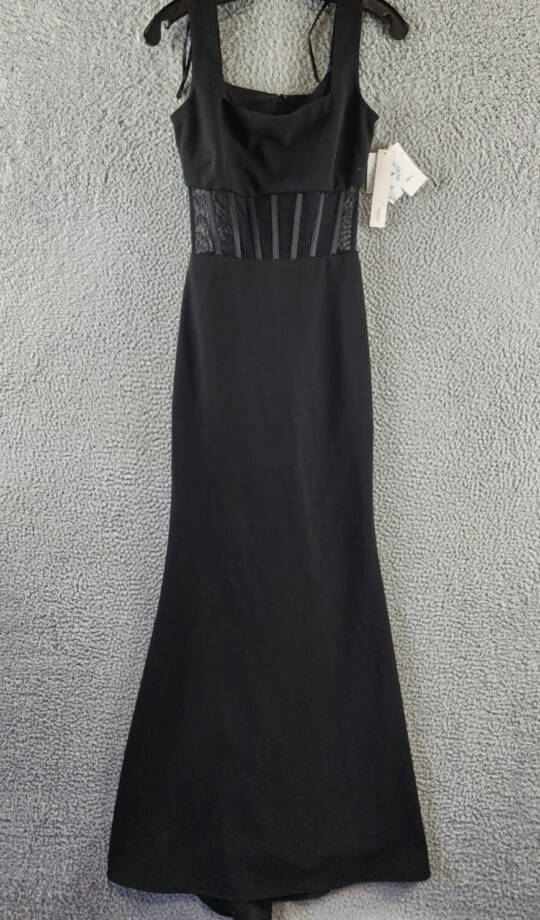 AQUA Scuba Crepe Illusion Boning Sheath Dress Women's Black Square Neck Back 0