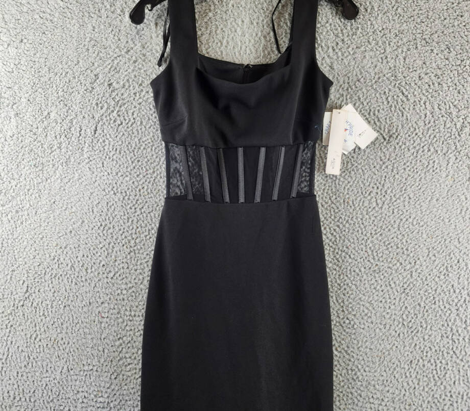AQUA Scuba Crepe Illusion Boning Sheath Dress Women's Black Square Neck Back 0