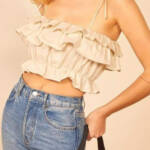 AQUA Tiered Ruffle Crop Top Women's M Beige Linen Blend Sleeveless Tie Straps
