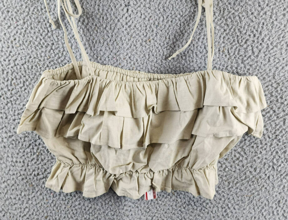 AQUA Tiered Ruffle Crop Top Women's M Beige Linen Blend Sleeveless Tie Straps