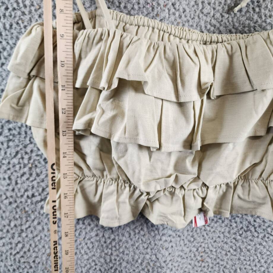 AQUA Tiered Ruffle Crop Top Women's M Beige Linen Blend Sleeveless Tie Straps