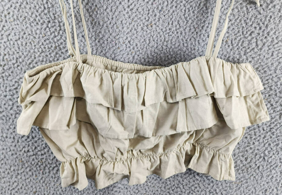 AQUA Tiered Ruffle Crop Top Women's M Beige Linen Blend Sleeveless Tie Straps