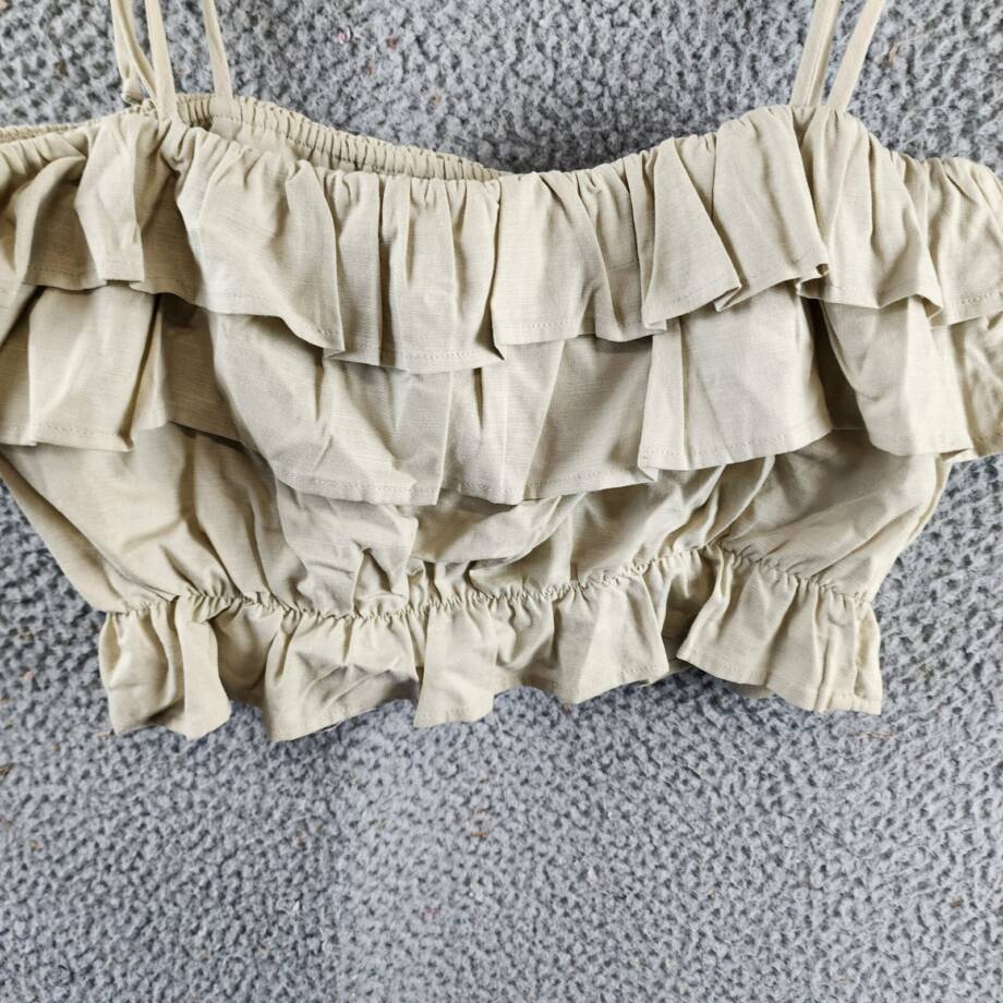 AQUA Tiered Ruffle Crop Top Women's M Beige Linen Blend Sleeveless Tie Straps