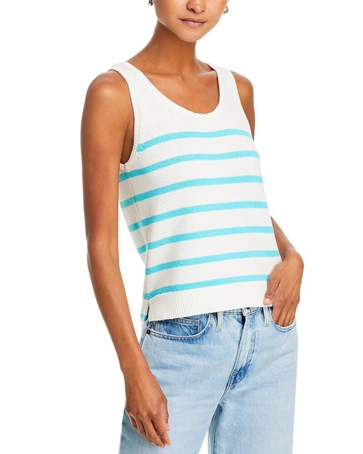 Kule The Gio Tank Top Women's XS White/Aqua Scoop Neck Stripe Pullover