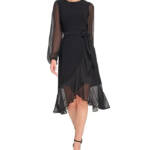 Tommy Hilfiger Chiffon-Sleeve Tulip-Hem Dress Womens 2 Black Round Neck Back Zip