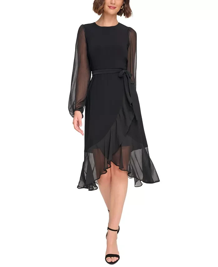 Tommy Hilfiger Chiffon-Sleeve Tulip-Hem Dress Womens 2 Black Round Neck Back Zip