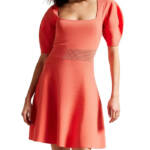 Ted Baker Havliy Puff Sleeve Skater Dress Women's 4 Coral Square Neck Back Zip