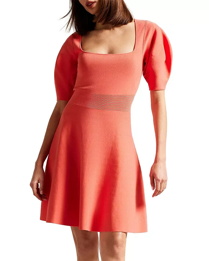 Ted Baker Havliy Puff Sleeve Skater Dress Women's 4 Coral Square Neck Back Zip