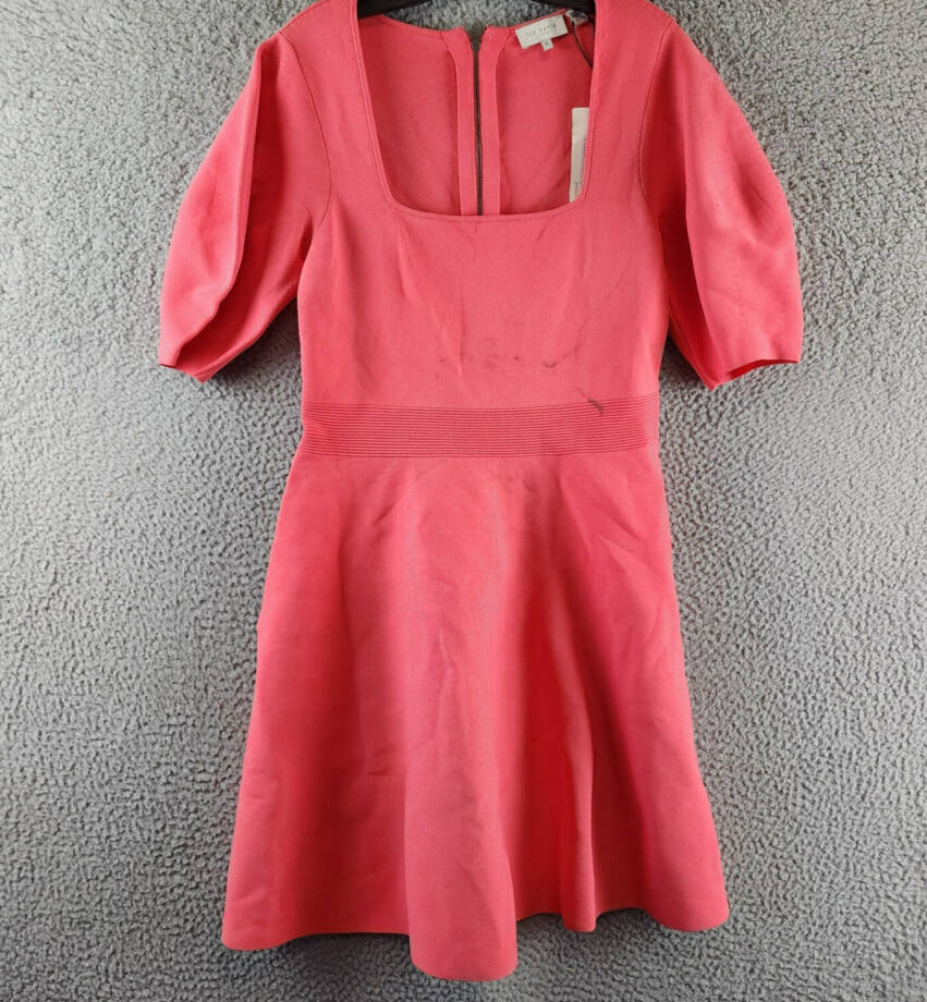 Ted Baker Havliy Puff Sleeve Skater Dress Women's 4 Coral Square Neck Back Zip