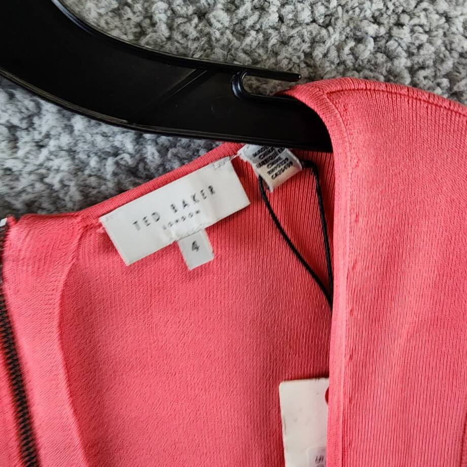 Ted Baker Havliy Puff Sleeve Skater Dress Women's 4 Coral Square Neck Back Zip