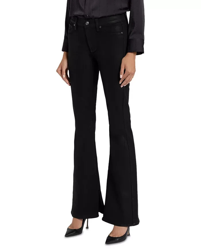 7 For All Mankind Ali High Rise Slit Flare Jeans Women's 31 Coated Black Solid