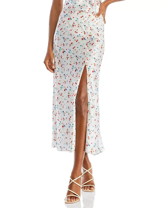 Bardot Annie Floral Midi Skirt Women's 4 White Multi Front Slit Side Zip Closure