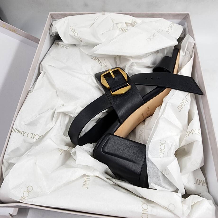 Jimmy Choo Hawke 70 Block Heel Leather Sandals Women 35.5 Black Buckled Closure
