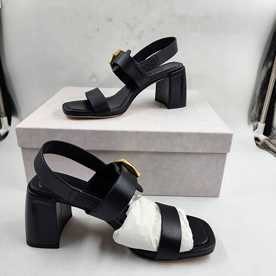 Jimmy Choo Hawke 70 Block Heel Leather Sandals Women 35.5 Black Buckled Closure