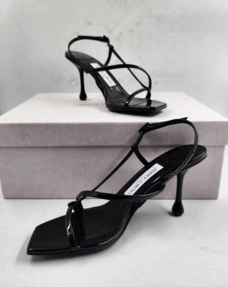 Jimmy Choo Etana 80 Leather High Heel Sandals Women's 36 Black Square Toe