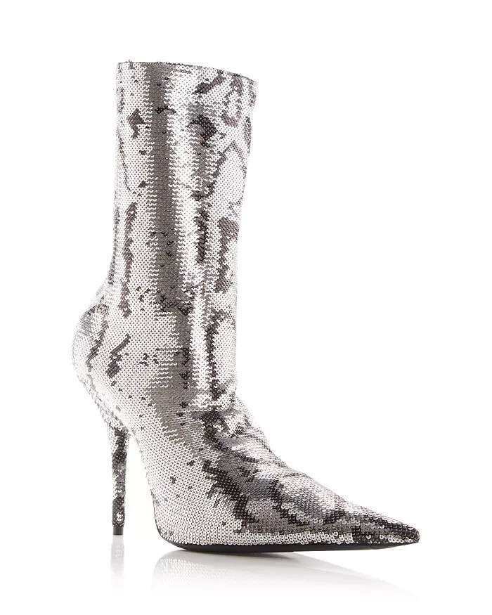 Balenciaga Knife Sequin High Heel Sock Booties Women's 40 Black/Silver Pull On