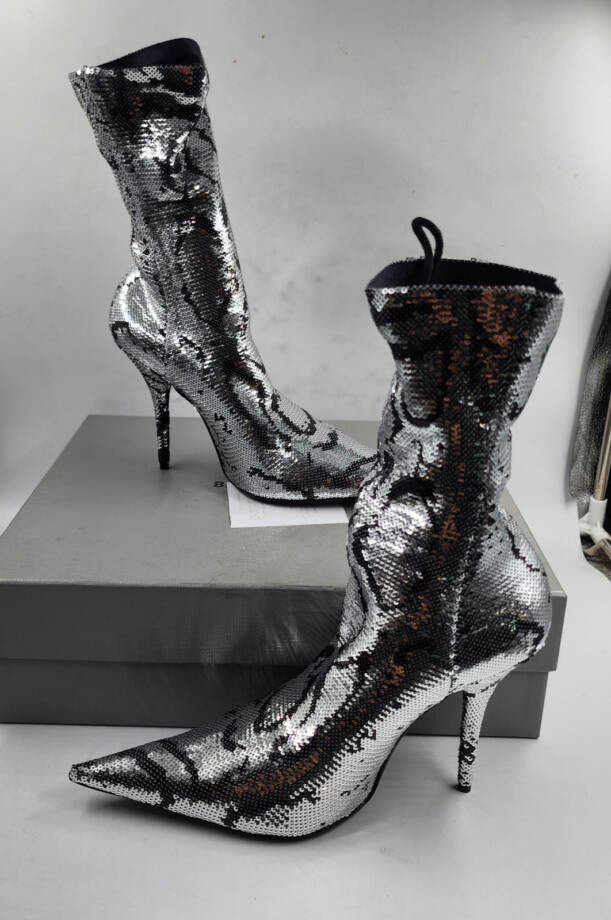 Balenciaga Knife Sequin High Heel Sock Booties Women's 40 Black/Silver Pull On