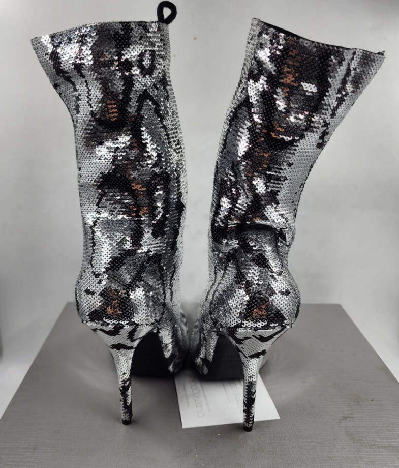 Balenciaga Knife Sequin High Heel Sock Booties Women's 40 Black/Silver Pull On