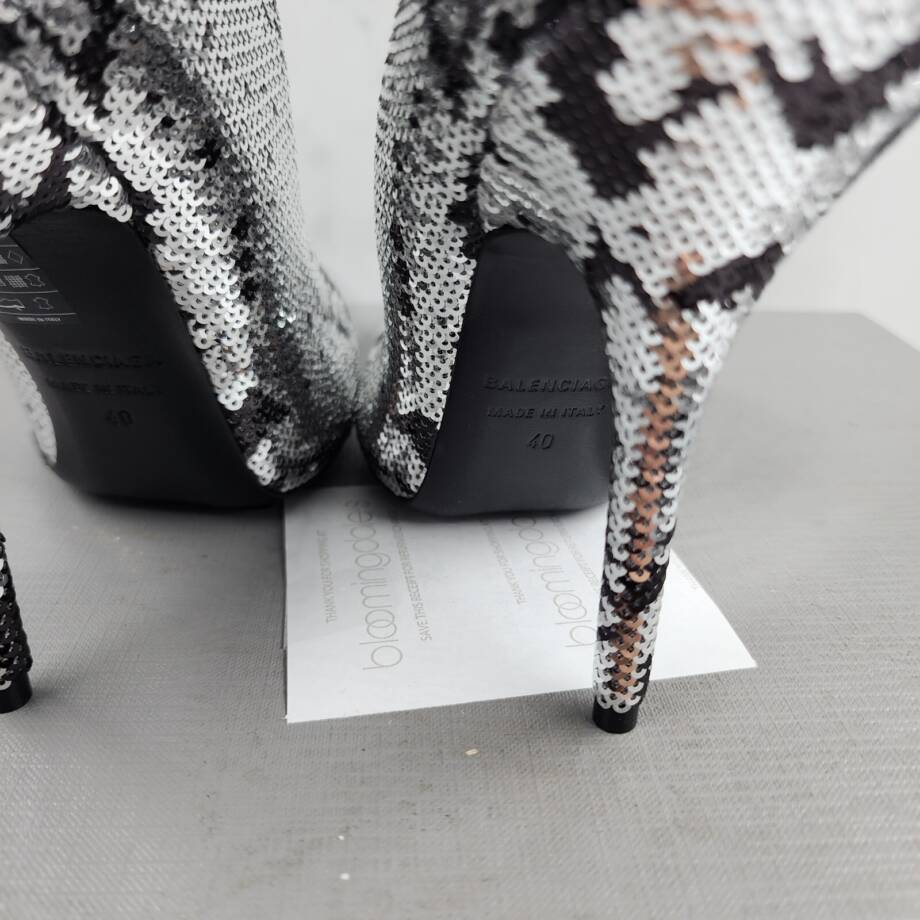 Balenciaga Knife Sequin High Heel Sock Booties Women's 40 Black/Silver Pull On