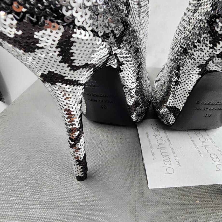 Balenciaga Knife Sequin High Heel Sock Booties Women's 40 Black/Silver Pull On
