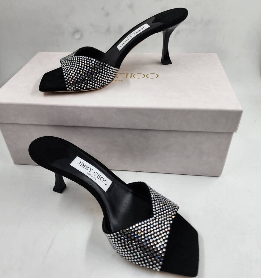 Jimmy Choo Skye 70 Suede Crystal Sandals Women's 36.5 Black/Crystal Square Toe
