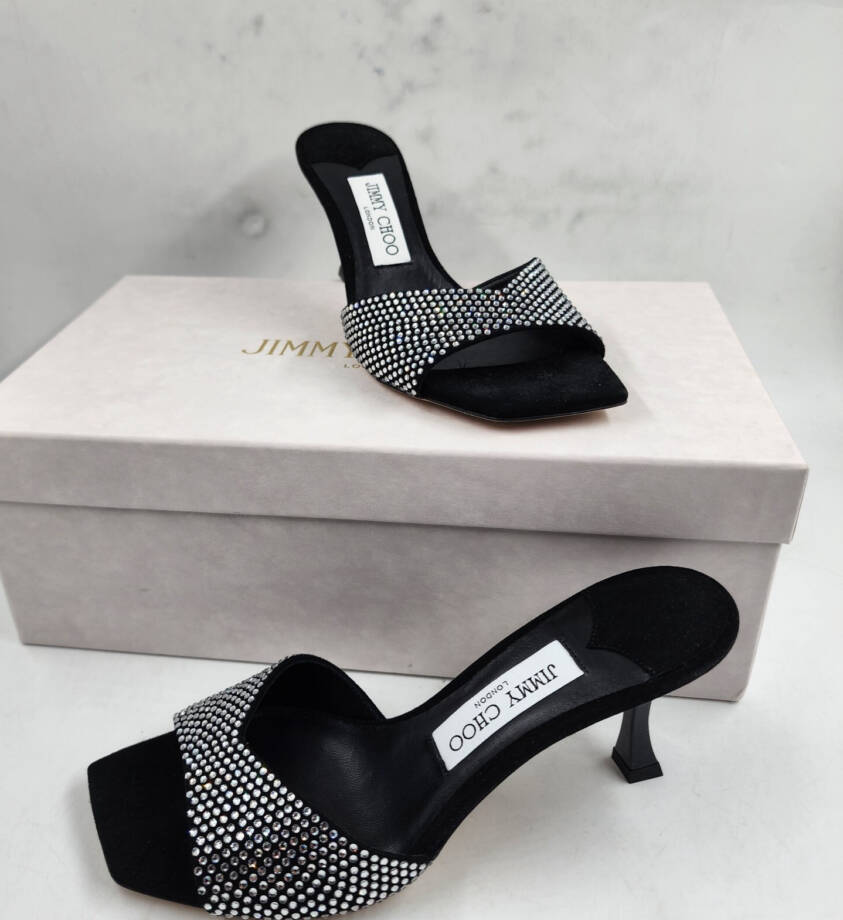 Jimmy Choo Skye 70 Suede Crystal Sandals Women's 36.5 Black/Crystal Square Toe