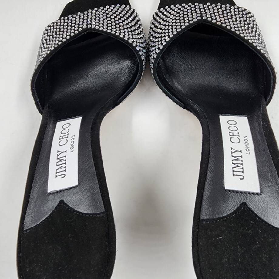 Jimmy Choo Skye 70 Suede Crystal Sandals Women's 36.5 Black/Crystal Square Toe