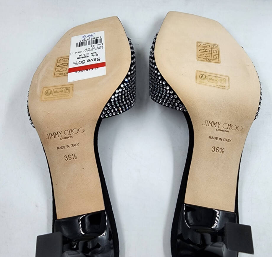 Jimmy Choo Skye 70 Suede Crystal Sandals Women's 36.5 Black/Crystal Square Toe