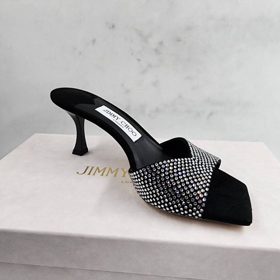 Jimmy Choo Skye 70 Suede Crystal Sandals Women's 36.5 Black/Crystal Square Toe