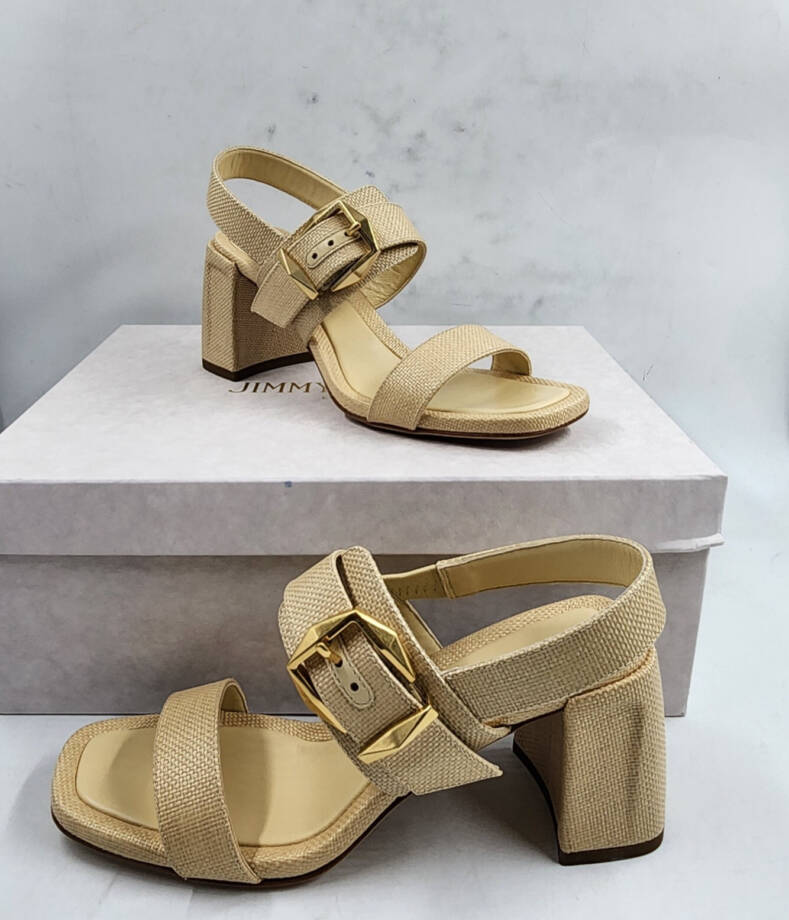 Jimmy Choo Hawke 70 Block Heel Natural Raffia Sandals Women's 35 Natural/Gold