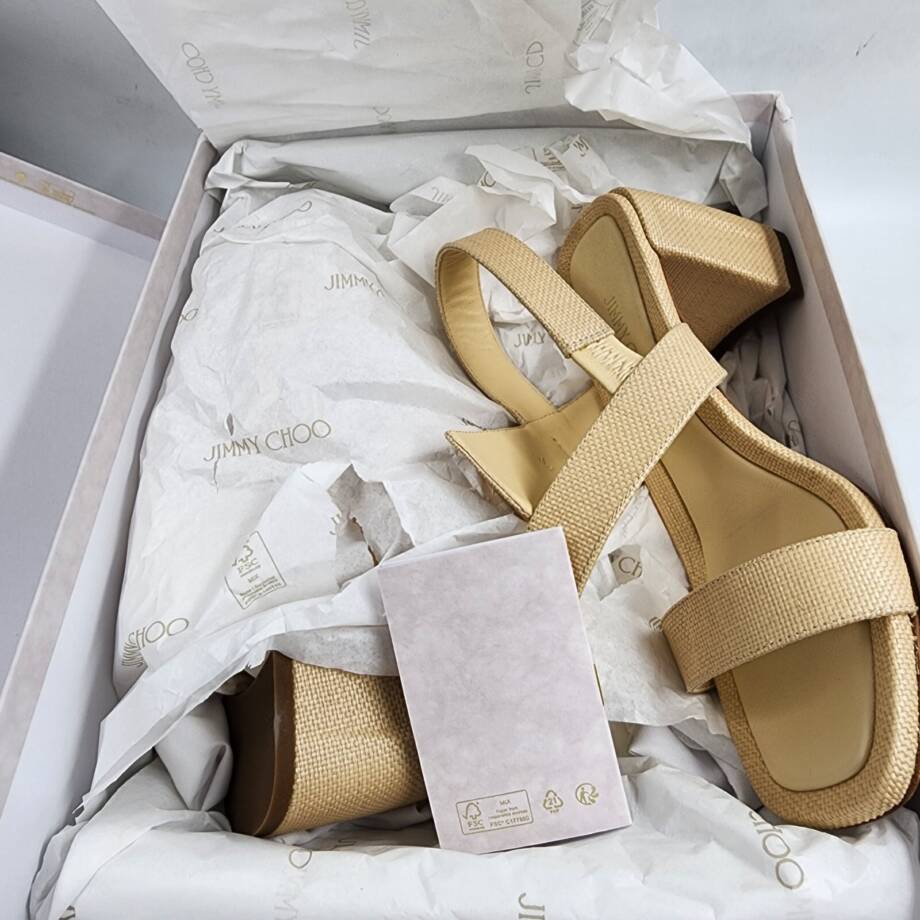 Jimmy Choo Hawke 70 Block Heel Natural Raffia Sandals Women's 35 Natural/Gold
