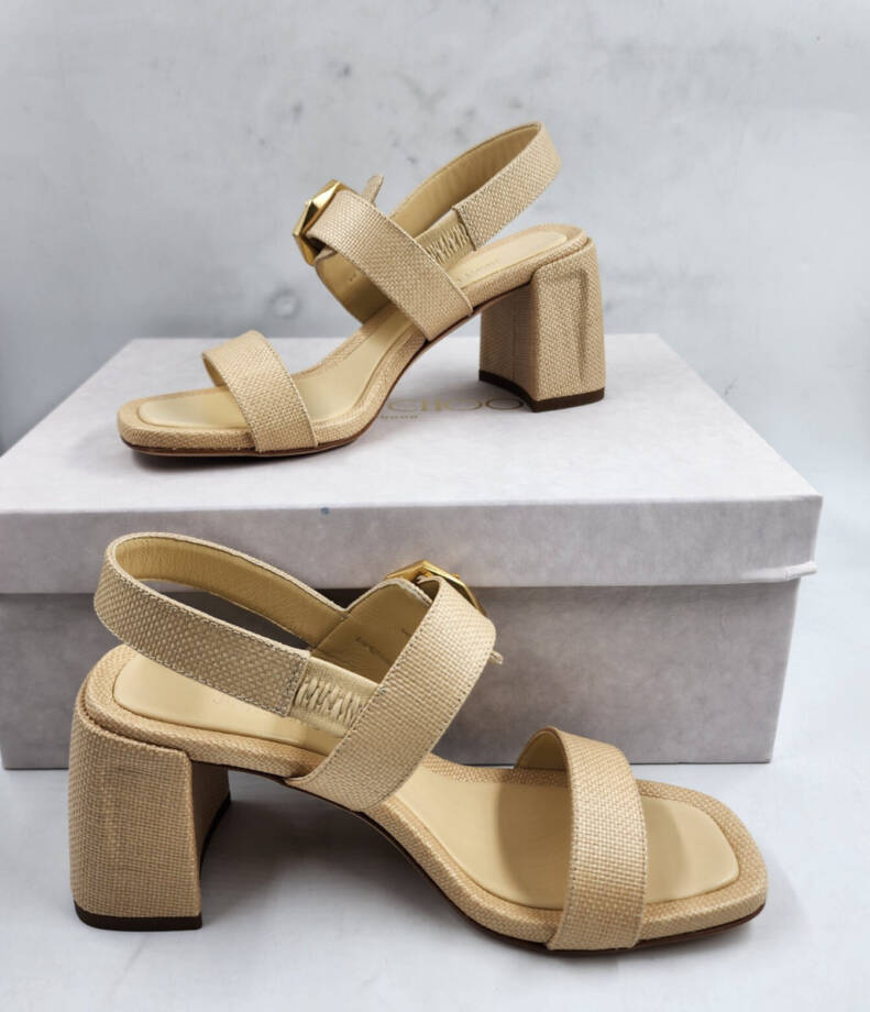 Jimmy Choo Hawke 70 Block Heel Natural Raffia Sandals Women's 35 Natural/Gold