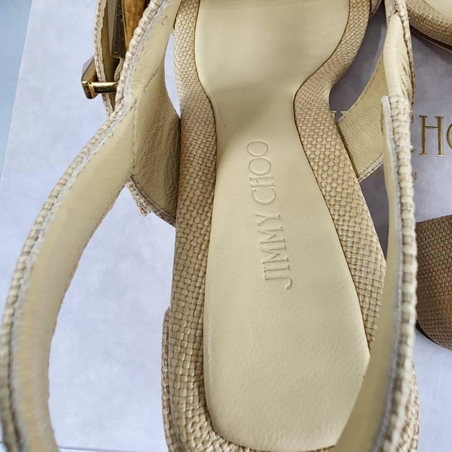 Jimmy Choo Hawke 70 Block Heel Natural Raffia Sandals Women's 35 Natural/Gold