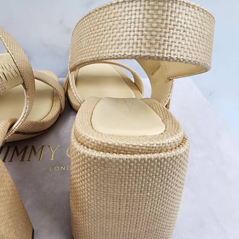 Jimmy Choo Hawke 70 Block Heel Natural Raffia Sandals Women's 35 Natural/Gold