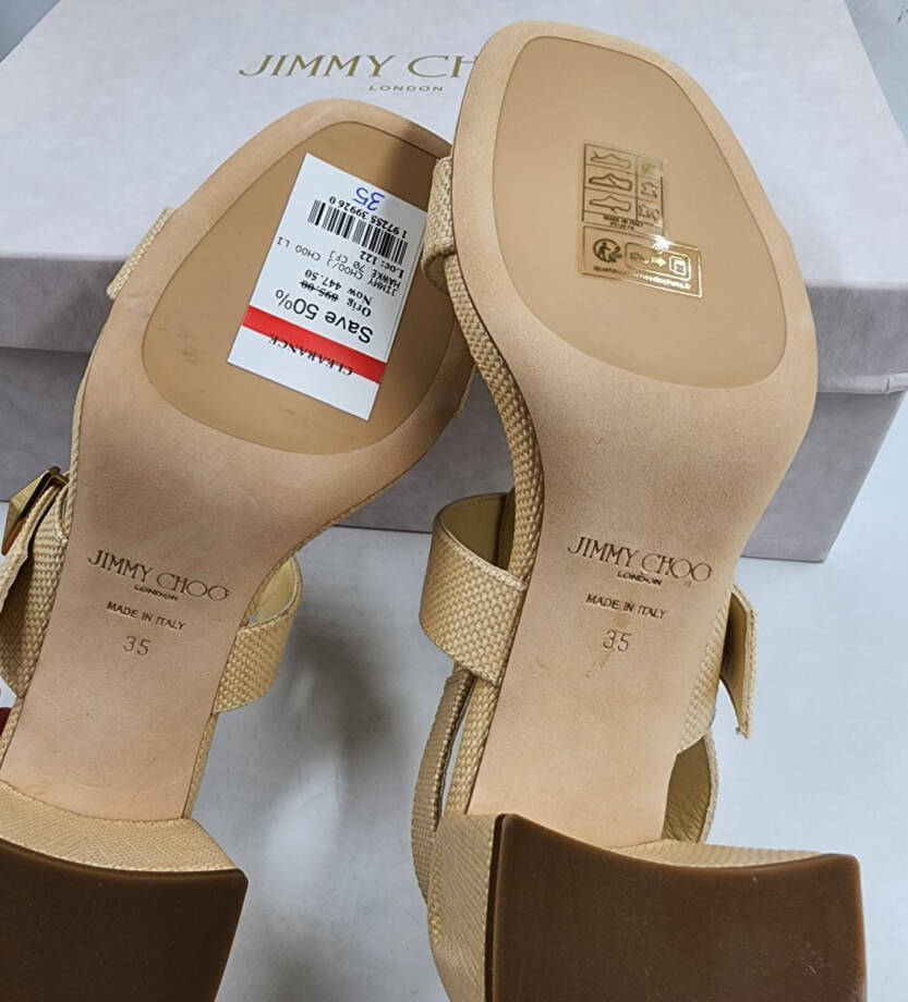 Jimmy Choo Hawke 70 Block Heel Natural Raffia Sandals Women's 35 Natural/Gold