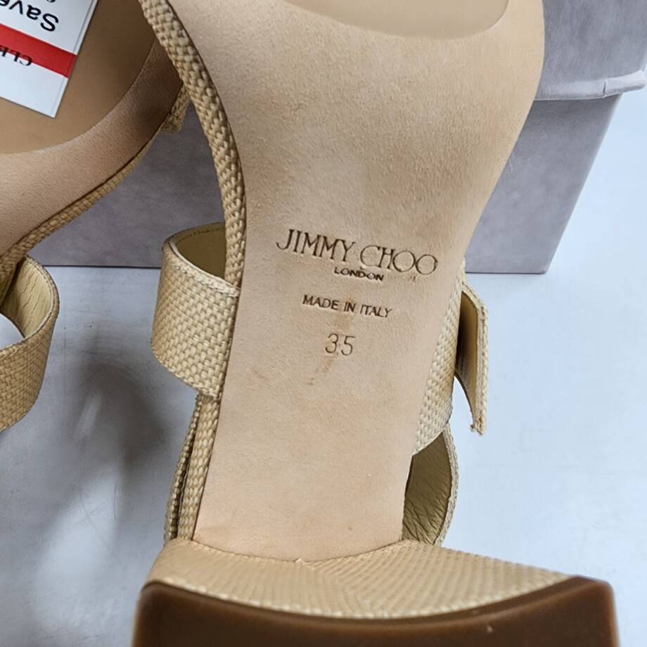 Jimmy Choo Hawke 70 Block Heel Natural Raffia Sandals Women's 35 Natural/Gold