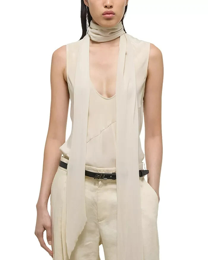 Helmut Lang Sleeveless Silk Scarf Top Womens M Oatmeal Scoop Neck Button Closure