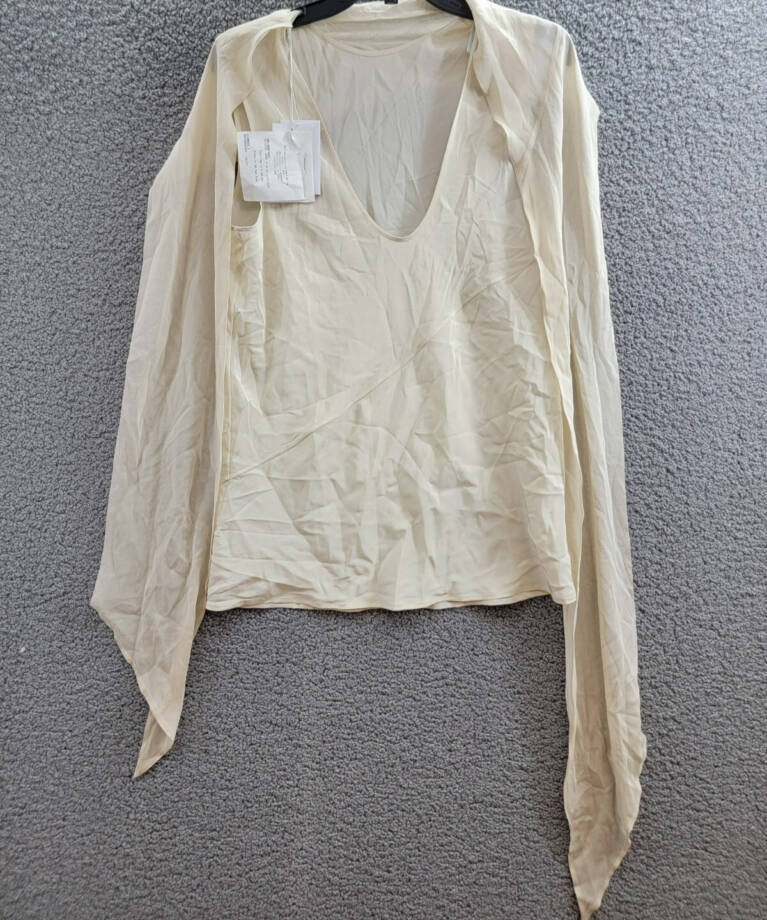 Helmut Lang Sleeveless Silk Scarf Top Womens M Oatmeal Scoop Neck Button Closure