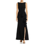 Eliza J Sleeveless Cascading-Ruffle Gown Women's 14 Black Boat Neck Back Zip